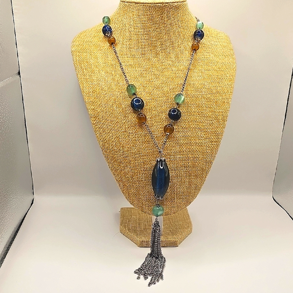 Vintage Silvertone Blue Dichroic and Moonglow Glass Bead Necklace with Tassel